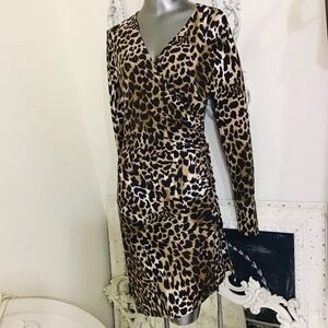 Michael Kors Side Ruched Leopard Print V-neck Dress